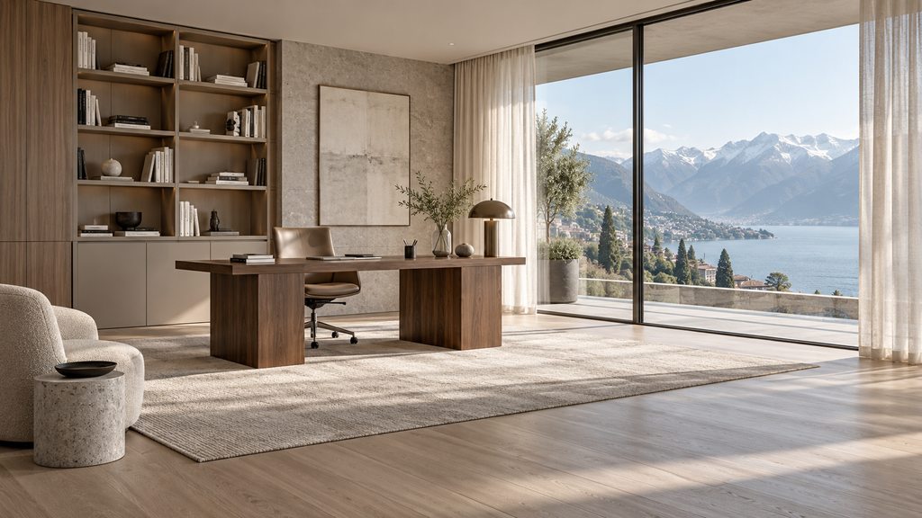 Bureau contemporain avec vue sur un lac alpin — intérieur illustratif
