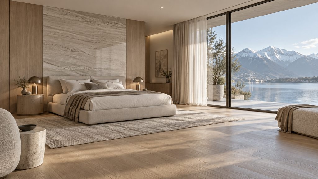 Chambre contemporaine avec vue sur un lac alpin — intérieur illustratif