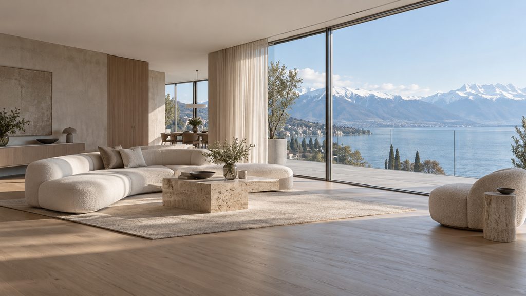 Salon contemporain avec vue sur un lac alpin — intérieur illustratif