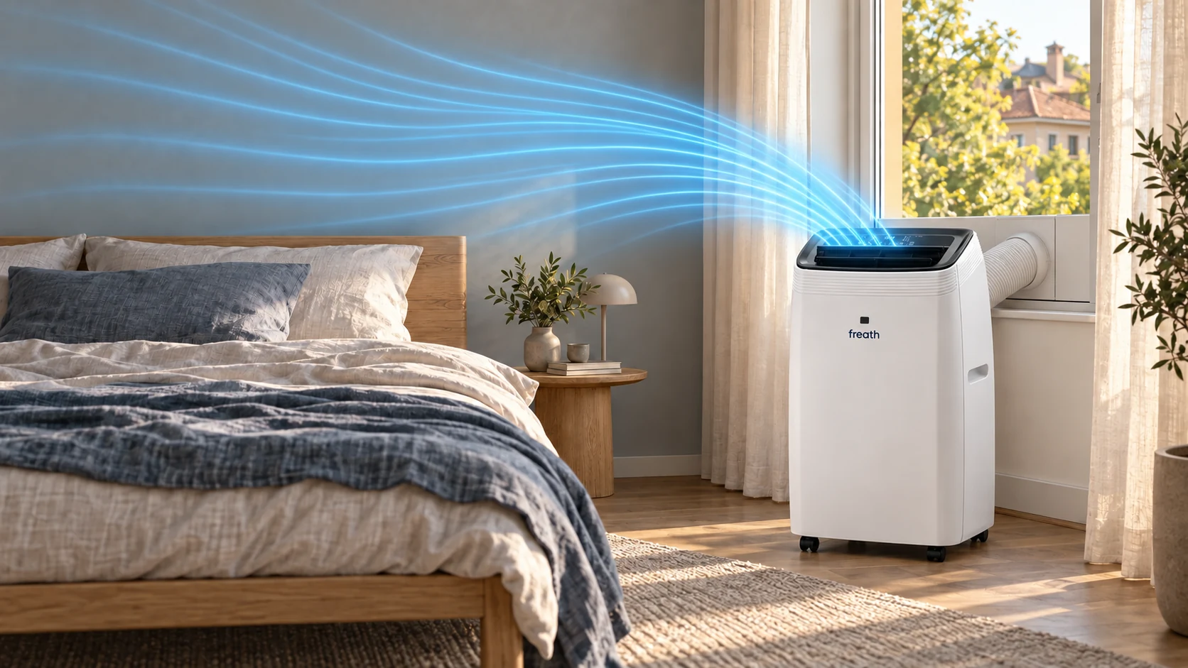 Climatiseur mobile Freath One dans une chambre, près de la fenêtre (illustration)