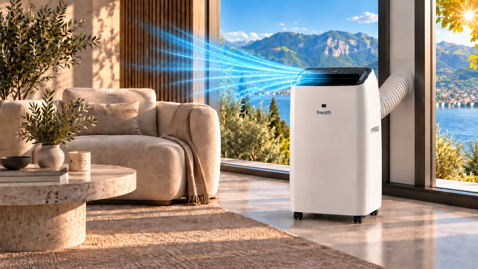 Climatiseur mobile Freath One dans un salon contemporain avec vue sur un lac alpin (illustration)